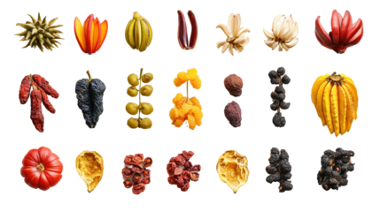 A vibrant collection of exotic fruits displayed on a white background, showcasing their unique shapes and colors for a fresh culinary appeal.