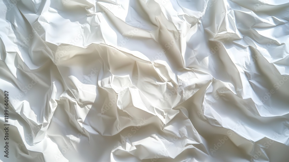 Aufkleber a pristine, crumpled white plastic surface with delicate folds and creases, backlit with soft diffus