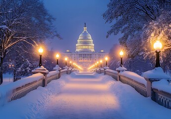 Photo of Snow-Covered U.S. Capitol at Night with White Snow and Illuminated Dome