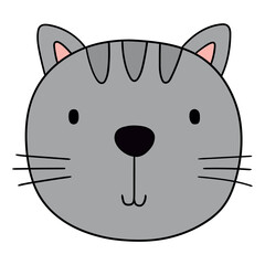 Hand drawn cartoon cute cat face on white background.