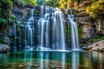 A stunning metallic silver colored waterfall cascading down a rocky cliff into a tranquil pool of water, outdoor scenery, nature photography, water feature, rocky cliff, serene lake