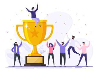 Successful teamwork people with golden trophy cup award, Team celebrating victory, Symbol of victory, Triumph reward, Employee team with prize, Winning business team concept flat vector illustration.