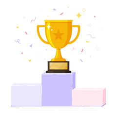 The golden trophy cup sits on the winner's podium, Prizes for the champions, Symbol of victory, Winner concept, Winning business or sport game concept flat vector illustration.