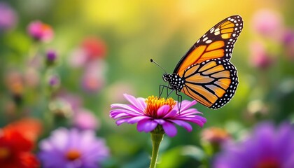 Fototapeta premium Orange and Black Butterfly on Pink Flower with Colorful Blurred Background