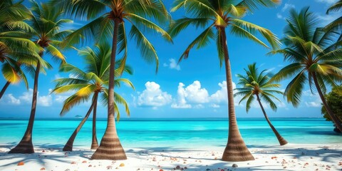 A stunning tropical beach scene with tall palm trees standing in the sand surrounded by crystal clear blue waters and colorful seashells, soothing colors, blue water, beachy vibe
