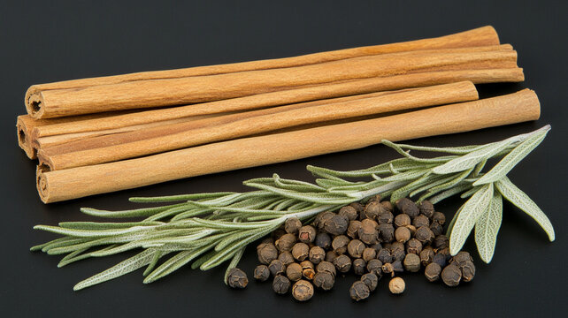 Organic cinnamon sticks with fresh rosemary sprigs and black peppercorns arranged elegantly on white rustic surface, natural spice still life - Powered by Adobe