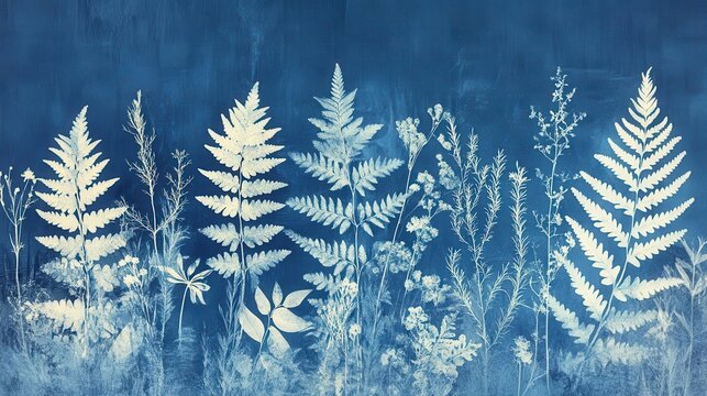 abstract botanical cyanotype composition featuring delicate ferns and wildflowers arranged in geometric patterns, deep indigo tones on textured paper