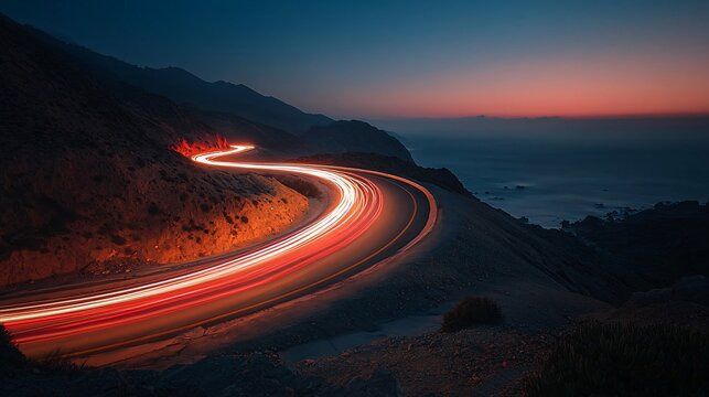 Dynamic nighttime long exposure traffic trails winding through coastal highway scenic ocean view landscape photography vibrant twilight sky - Powered by Adobe