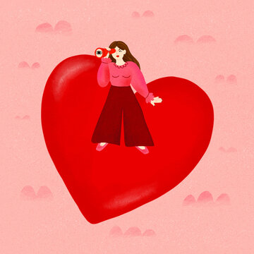 Woman looking for love with a spyglass illustration 