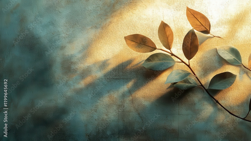 Poster a serene composition featuring a branch with leaves casting gentle shadows against a textured backgr