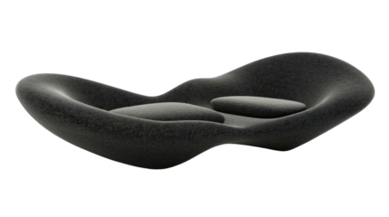 Unique and modern black lounge chair design isolated on a white background, showcasing its stylish curves and comfortable seating.