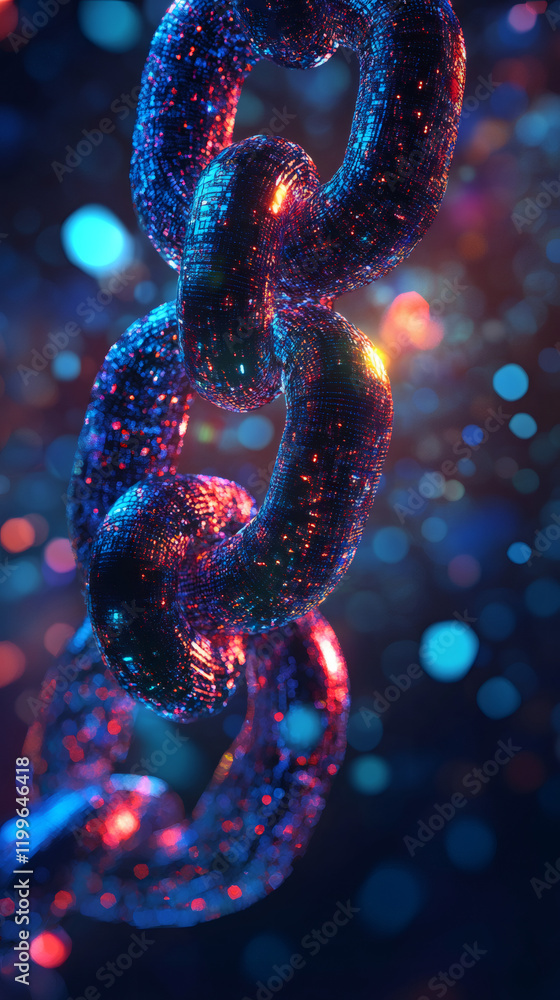 Poster glowing network chain links representing blockchain connectivity, digital security, and global data 