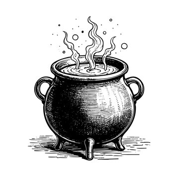 recommend clip art: witch cauldron engraving sketch engraving black and white outline. Scratch board imitation.  illustrated in vintage line art style on a white background.
                    