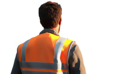A construction worker wearing an orange safety vest, viewed from behind, standing against a white isolated background.