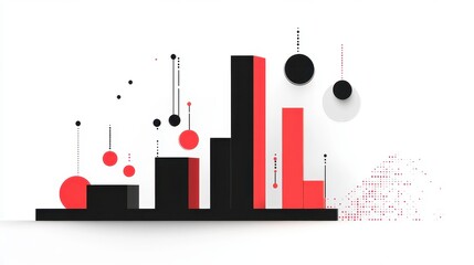 A geometric bar chart, minimalist infographic, abstract shapes, black and red palette, isolated on white background