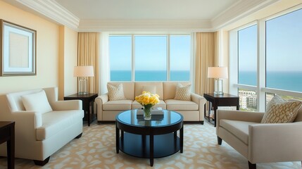 Luxury hotel interior showcasing exclusive architecture. Luxurious hotel suite with ocean view and elegant furnishings.