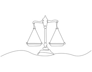 Continuous one line drawing of law balance and scale of justice. One line drawing illustration of scale of justice. Balance, equality concept single line. Editable outline