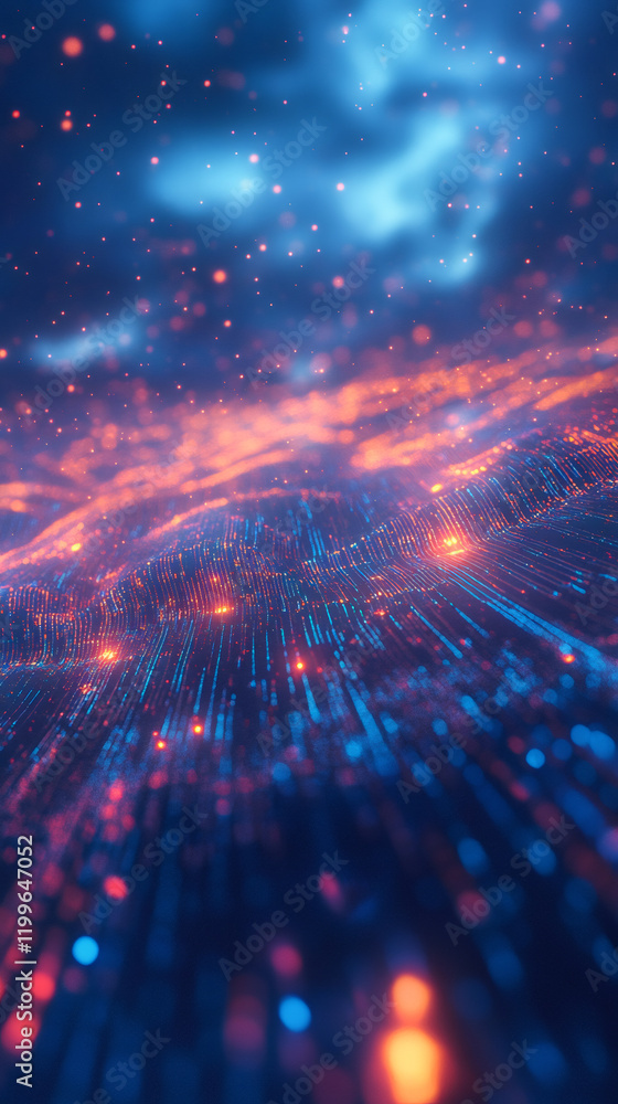 Aufkleber Futuristic data flow is generating from an abstract digital landscape under blue and orange sky with particles