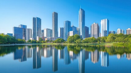 Fototapeta premium Modern City Skyline with Reflections in a Clear Blue Lake