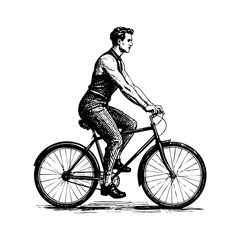 Obraz premium man riding bicycle sketch engraving black and white outline. Scratch board imitation. 