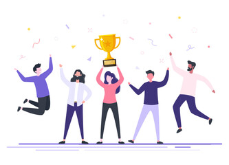 Happy dream team winners hold a golden trophy cup award, Successful teamwork people with goblet, Triumph reward, Team celebrating victory, Winning business team concept flat vector illustration.