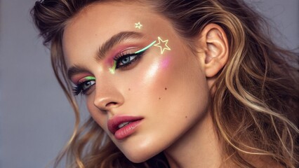 A perfect blend of elegance and rebellion this portrait features shimmering neon dominantly on the cheekbones and starlit eyebrows creating an eyecatching frame for the models