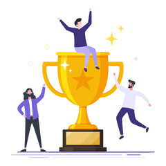 Successful teamwork people with goblet, Joyful people jumping, Business goal concept, Winning business team concept flat vector illustration.