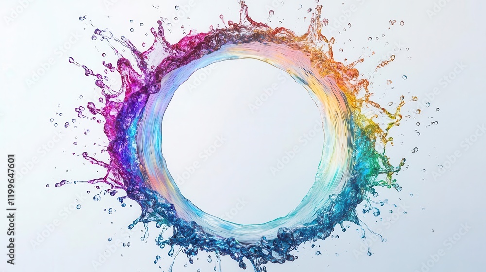 Poster explosive rainbow paint splash creating a dynamic circular frame, iridescent droplets suspended in m