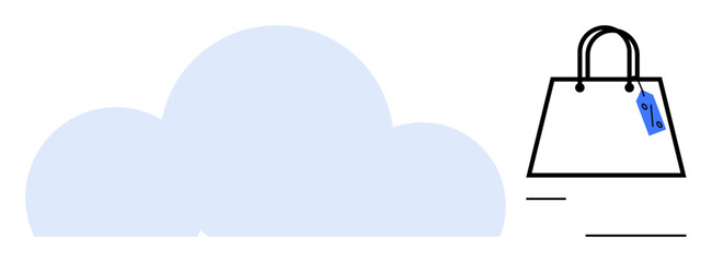 Cloud with large computing symbols, shopping bag with discount tag. Ideal for e-commerce, cloud storage, internet deals, online retail, digital economics, cloud services discounts. Abstract line