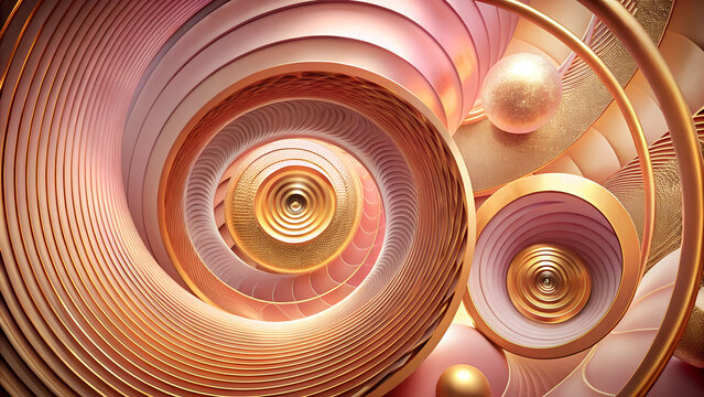Abstract Circular Patterns and Spirals, pink and gold, Pi symbolization with dreamy feel