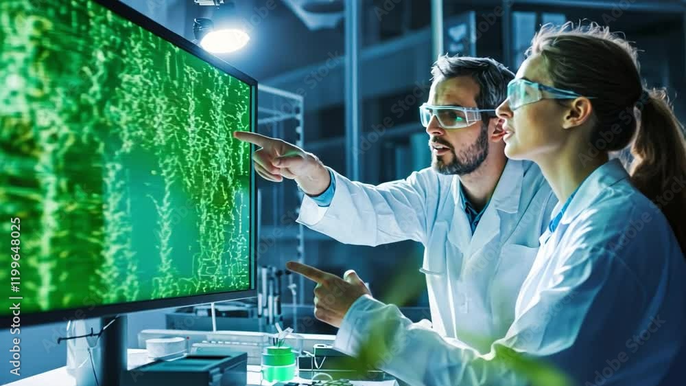 Poster scientists are talking in an equipped laboratory pointing at a green screen computer.