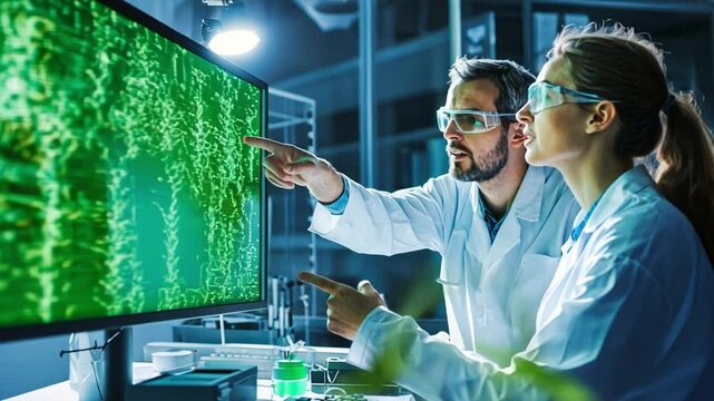 scientists are talking in an equipped laboratory pointing at a green screen computer. 
