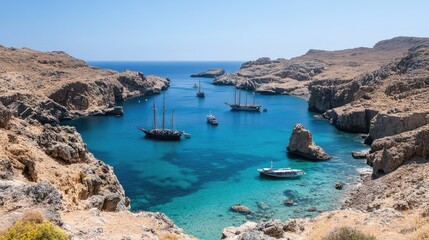 Fototapeta premium Sailboats Anchored in a Secluded Turquoise Bay