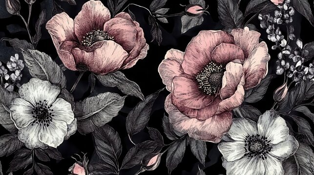 intricate botanical pattern with detailed hand-drawn flowers and leaves, sophisticated color palette, luxury fashion textile design style