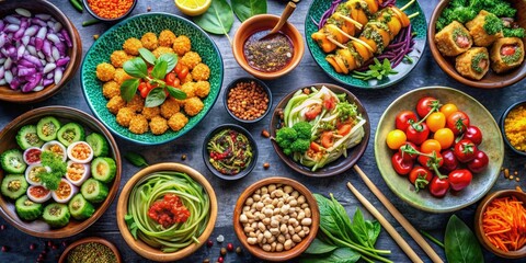 Fototapeta premium A vibrant and colorful array of international plant-based dishes including vegan sushi, pad thai, and chana masala, Thai basil, chana masala
