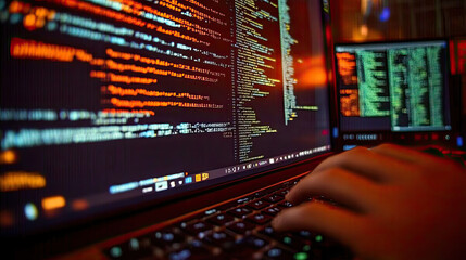 Fototapeta premium A close-up of a hand typing on a laptop displaying code in a dark environment.