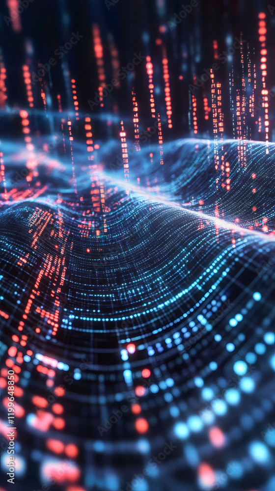 Poster Digital binary wave undulating through glowing cyberspace, representing technological flow and interconnected network dynamics