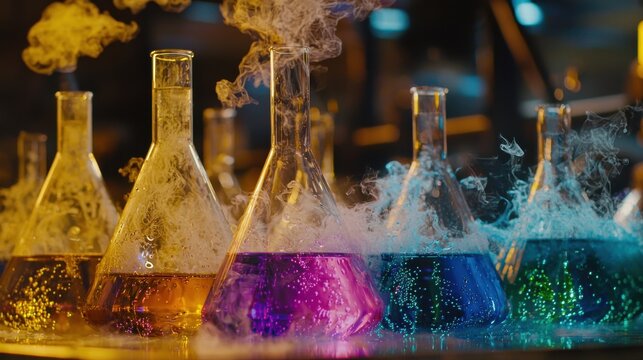Colorful bubbling liquids in laboratory glassware emitting steam and smoke during a vibrant science experiment indoors