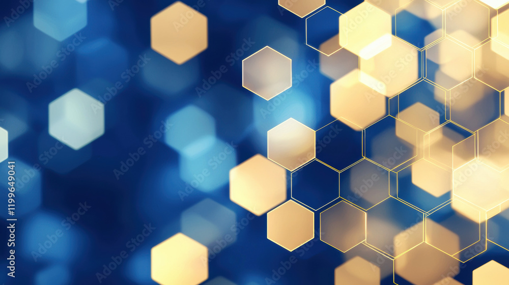 Poster abstract hexagonal bokeh background in gold and navy tones for design projects