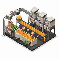 Obraz premium Juice bottling conveyor line isometric illustration isolated on white background. AI generative