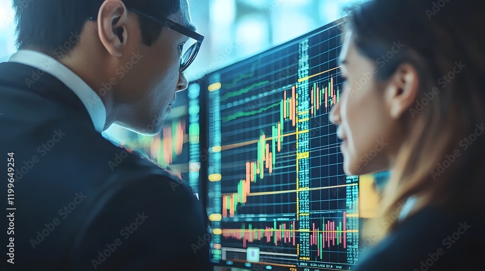 Poster close up view of asian business partners or colleagues intently examining market data and financial 