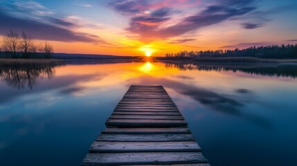 Fototapeta premium Sunset over a still lake with a wooden pier