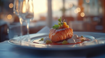 Gourmet Salmon Dish at Sunset: A Culinary Delight by the Ocean