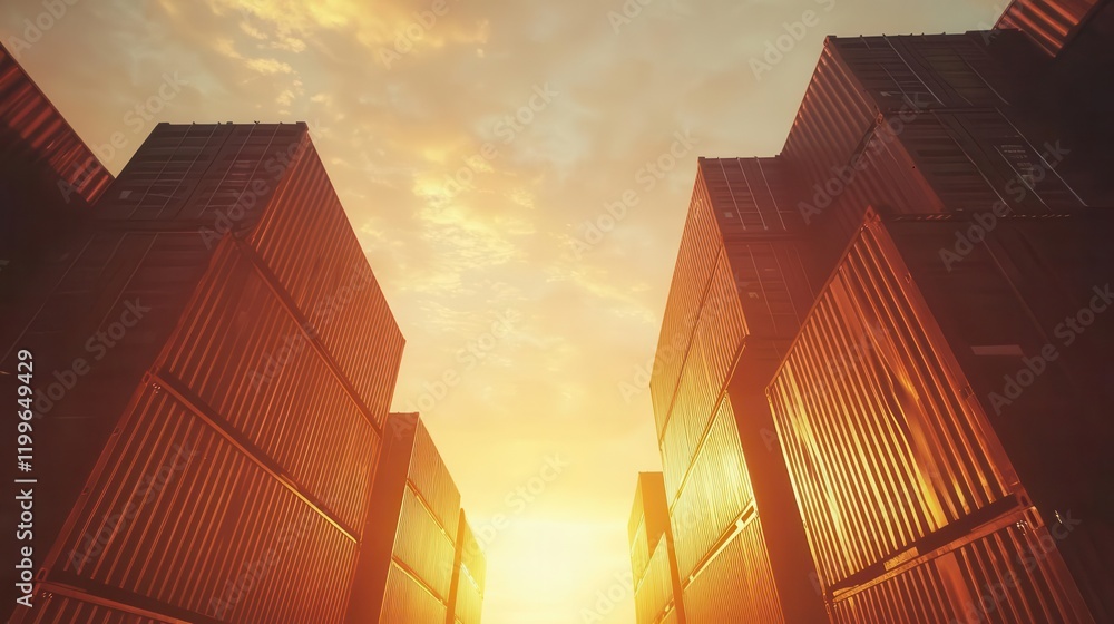 Poster massive container ships at sunset, cargo containers stacked in geometric patterns creating a mesmeri