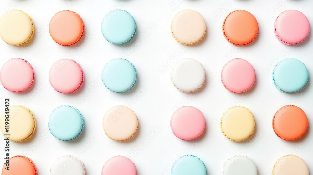 Poster minimalist vector illustration of macarons arranged in a geometric pattern, pastel colors on white b
