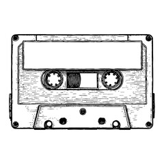Naklejka premium Vintage Cassette Tape with Blank Label Detailed Black and White Outline Line Art Drawing