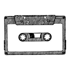 Cassette Tape with Blank Label in Detailed Black and White Outline Line Art Drawing