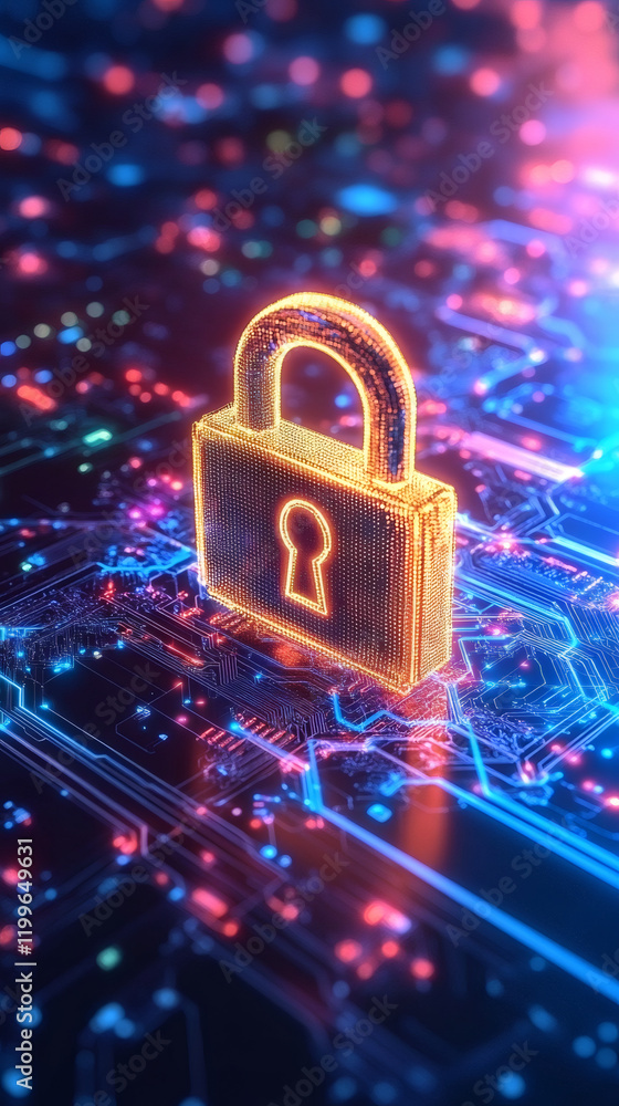 Poster digital padlock floating above circuitry, representing network security and virtual data safeguardin