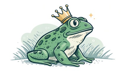 Cartoon frog with a crown, sitting proudly in a whimsical setting