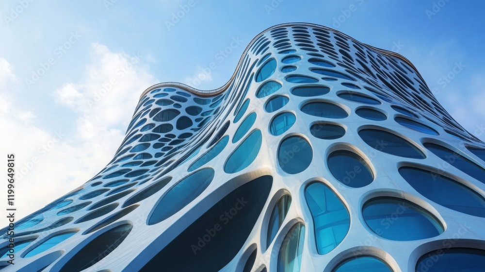 Poster a modern building featuring fluid, organic shapes with a blue-toned facade and intricate, bubble-lik